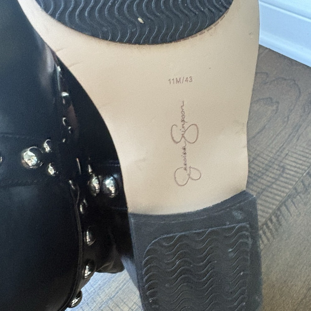 Jessica Simpson Black Milley Studded Moto Boots Silver Harness Hidden Wedge Sz11 - Picture 9 of 10